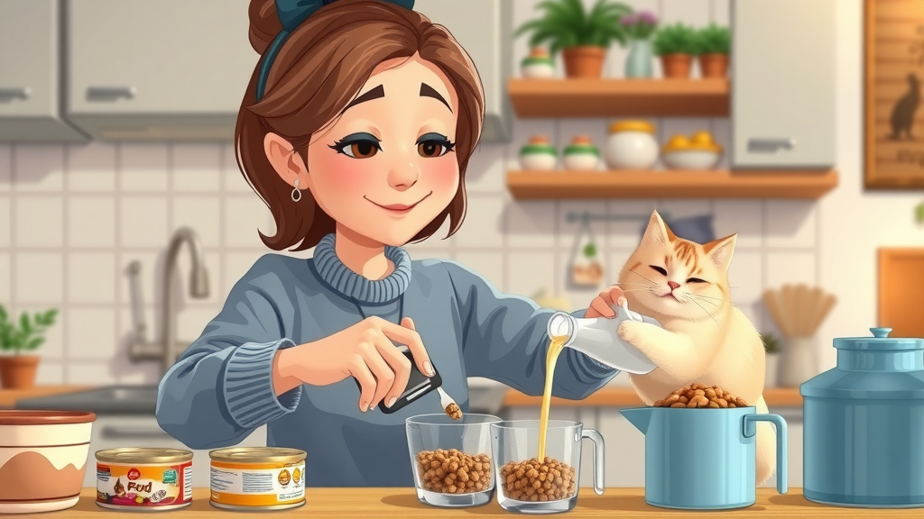 Dedicated cat owner gently transitioning cat’s diet by mixing old and new cat food in the kitchen, showing gradual switch to new food options