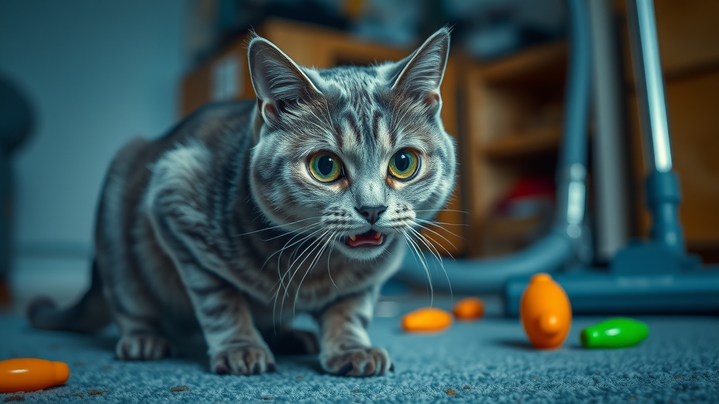 startled gray cat crouching near vacuum and toys, environmental trigger for cat biting