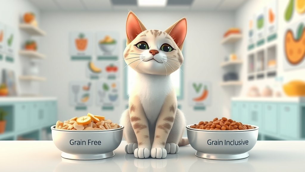 Infographic with healthy cat sitting beside two bowls labeled grain-free and grain-inclusive, with nutrient icons highlighting complete and balanced cat food in a veterinary setting