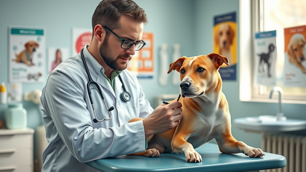 veterinarian examines medium dog, chronic vomiting, dog health check, professional vet care for vomiting in dogs