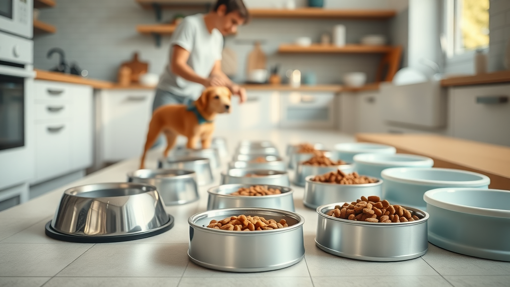 Organized dog bowls with measured portions for different dog sizes, showing proper feeding schedule and portion size for how much should I feed my dog daily?