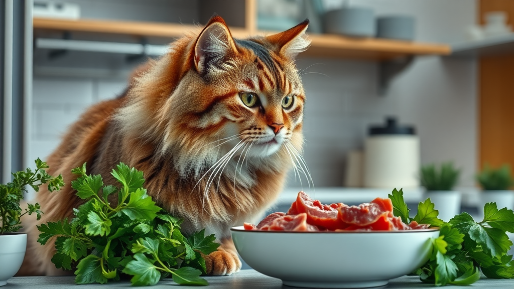 majestic adult cat gazing towards a bowl of raw meat beside leafy greens representing the need for animal protein in cat diet as obligate carnivores and cats eat meat