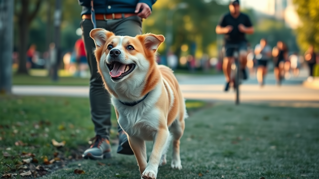 joyful dog walking calmly beside owner in park, leash loose, leash training positive reinforcement