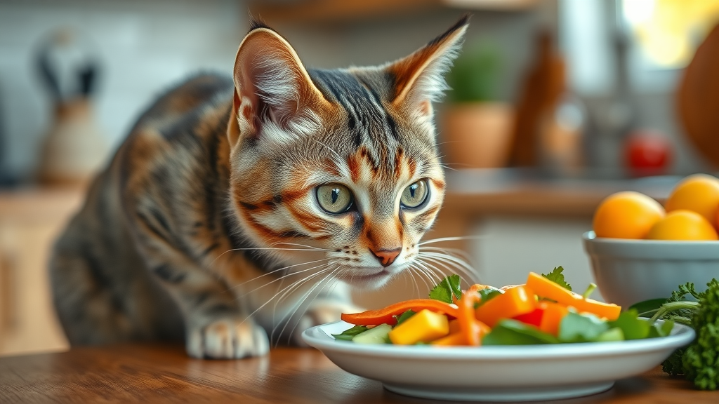 curious domestic short-haired cat sniffing a small plate of mixed vegetables with an inquisitive expression, representing can cats eat vegetables?