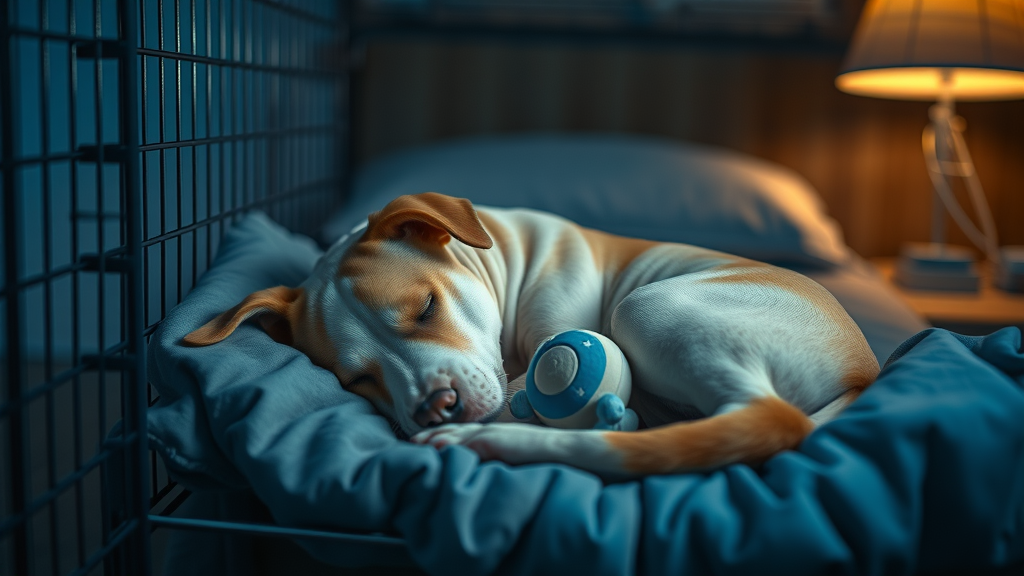 crate training for dogs: peaceful dog sleeping in crate at night, serene, soft bedding, favorite toy, calmness, bedroom at night, blue tones