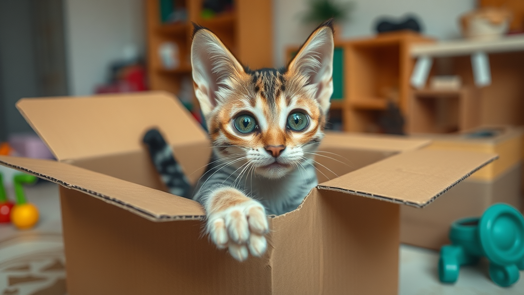 Playful cat pouncing from inside a cardboard box, cats love boxes