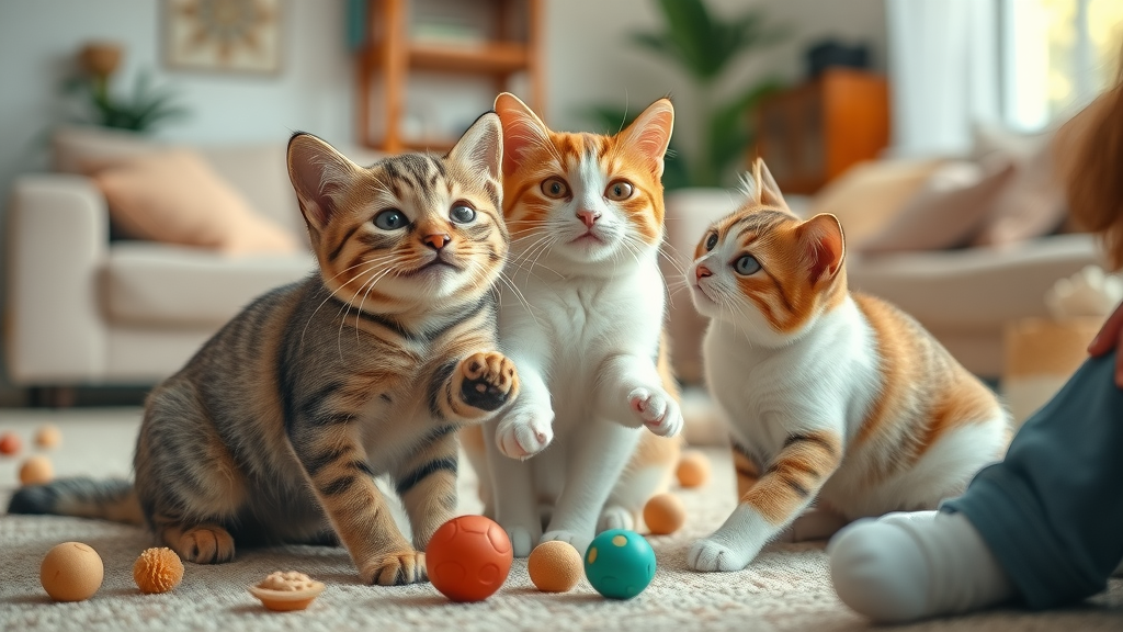 friendly domestic cats engaging playfully with family member in cozy living room