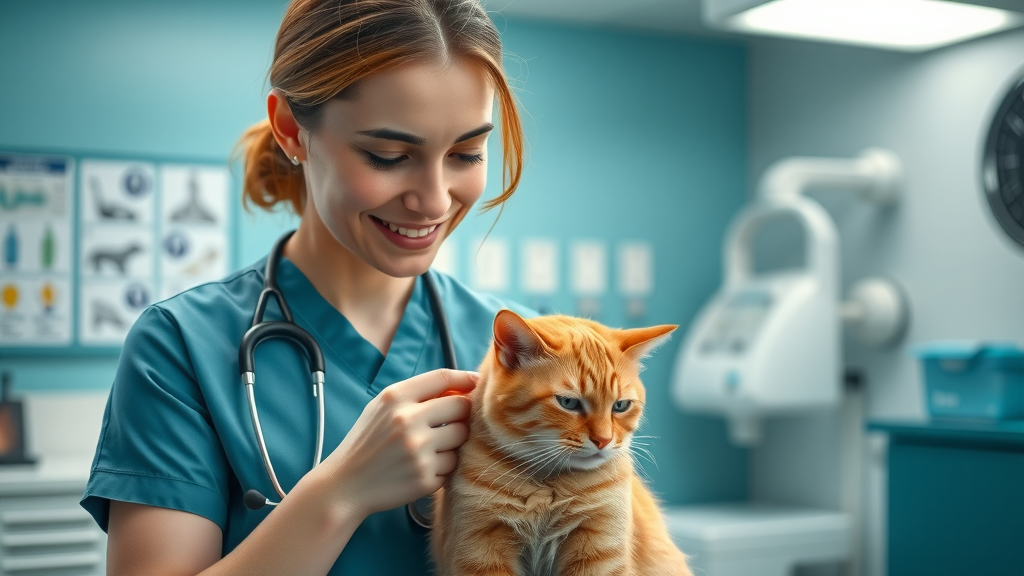 veterinarian examining calm ginger cat for signs of illness in cats