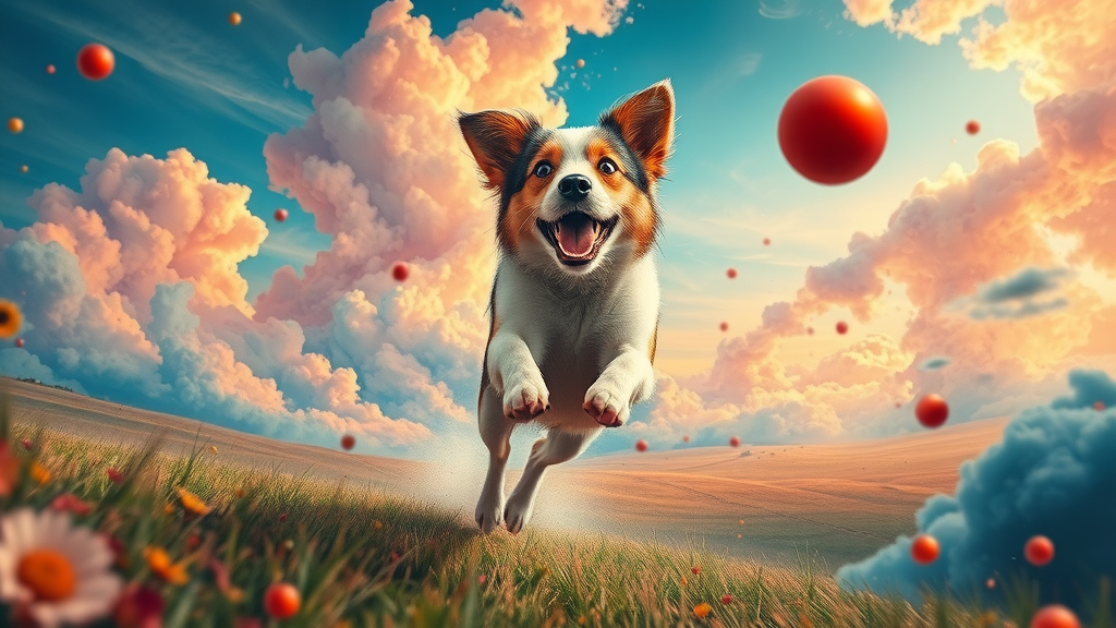 Imaginative dog dream: Dog leaping through a colorful dreamscape, chasing a red ball with a joyful expression. Abstract landscape, motion blur, vibrant colors.