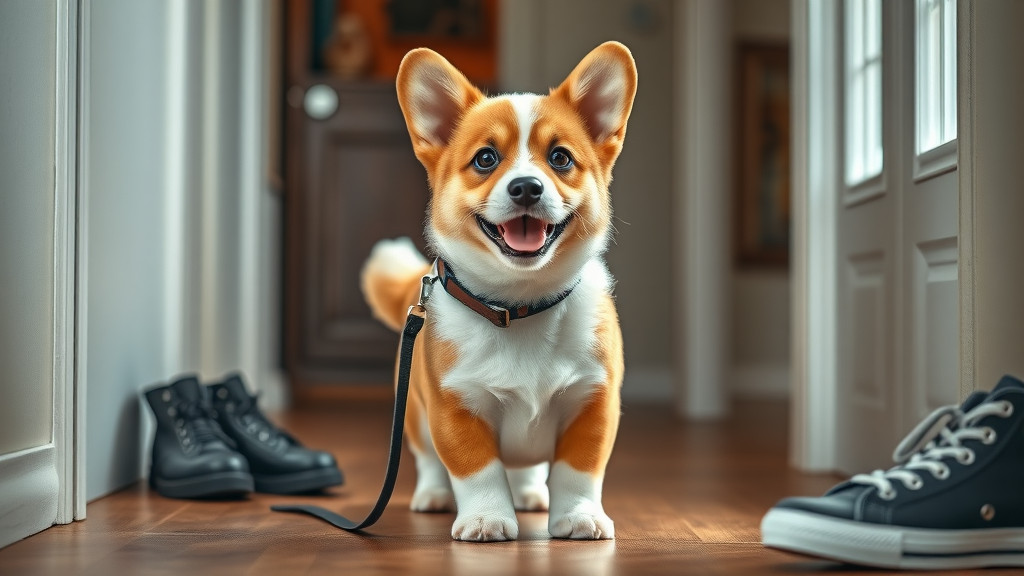 playful corgi waiting for potty break near door, ready to be potty trained