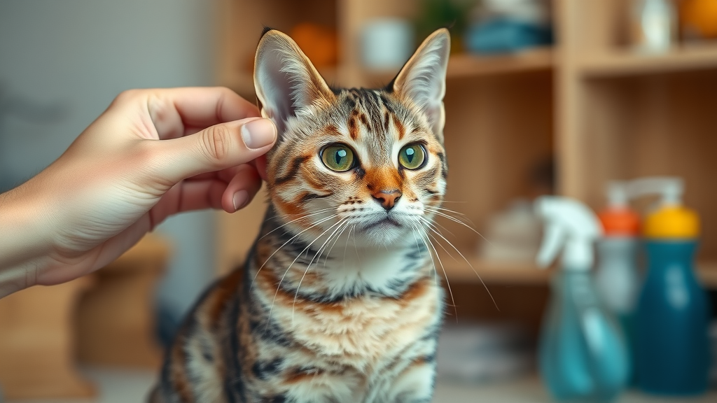 attentive tabby cat with clean ears, curious expression, owner gently inspects cat ear, cat ear cleaning supplies, cat care at home