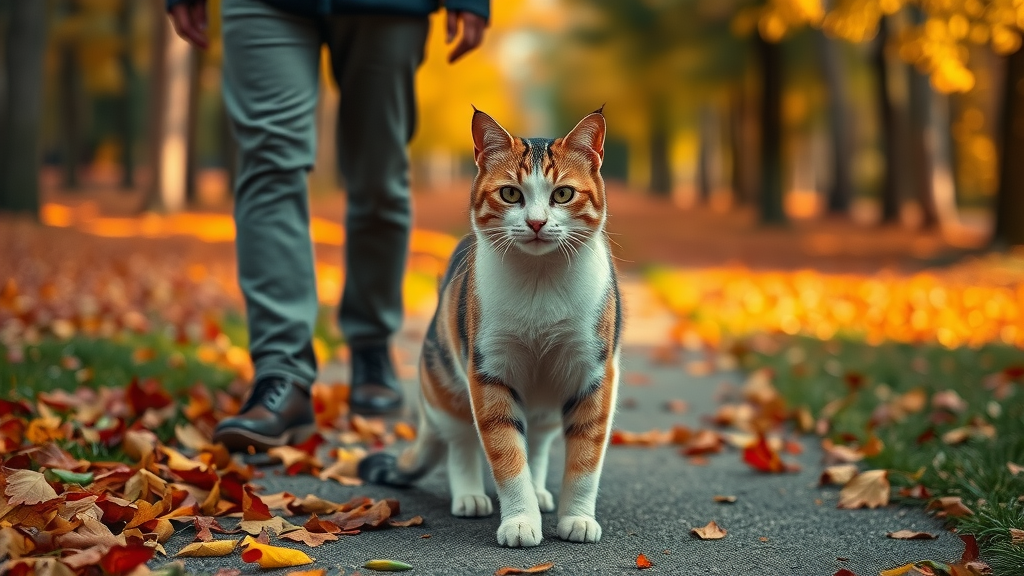 Confident cat with owner walking in autumn park, harness and leash training, golden hour, scenic happiness