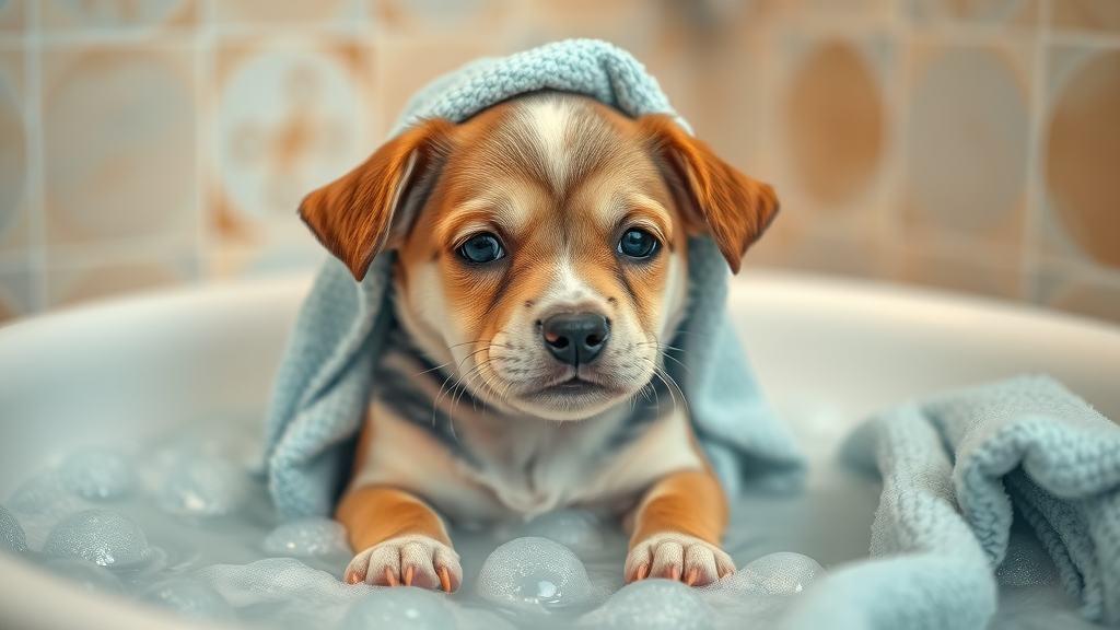 adorable puppy wrapped in a towel after bath with sensitive skin shampoo, soft cozy bathroom scene