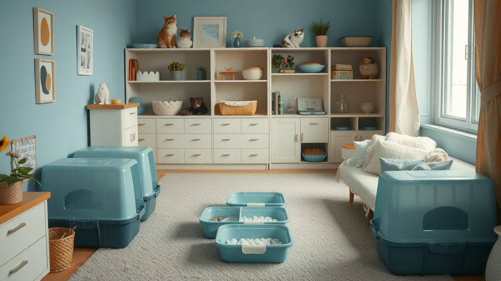 multiple litter boxes and feeding stations set up for two cats