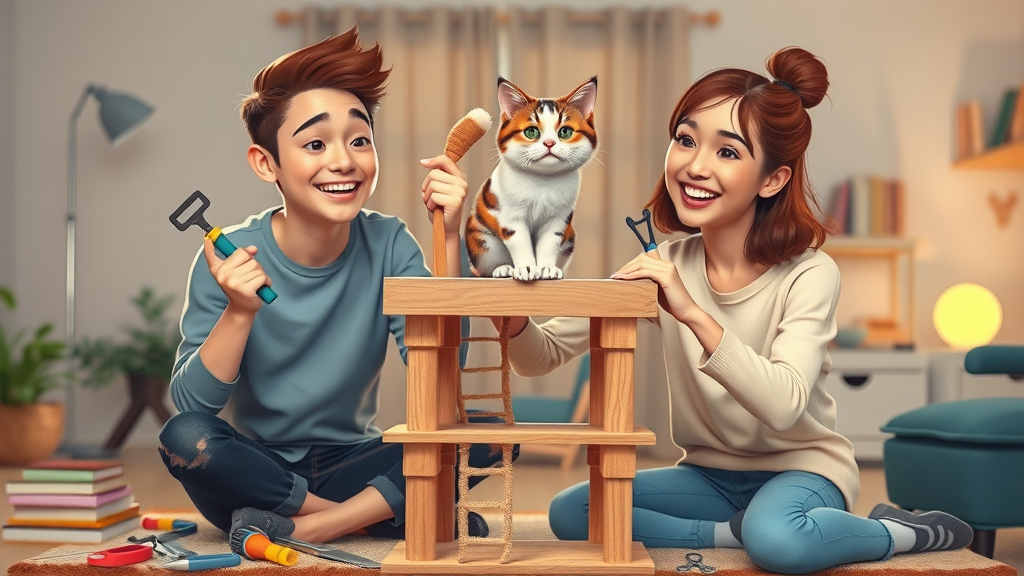 young couple assembling DIY cat climbing structure in a cozy studio apartment with playful cat observing