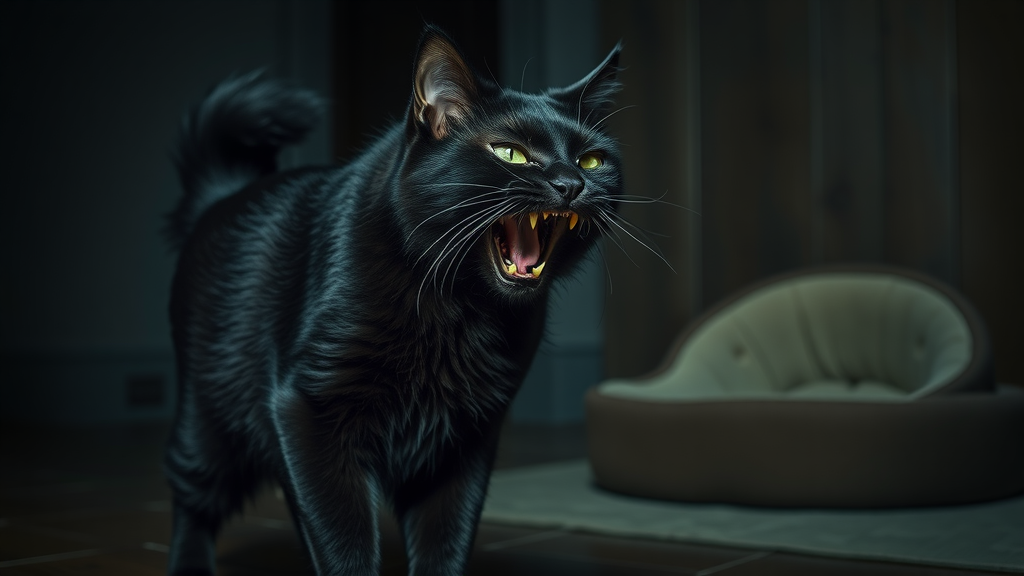 defensive black cat hostile hissing biting behavior, signs of aggressive cat, environmental stress