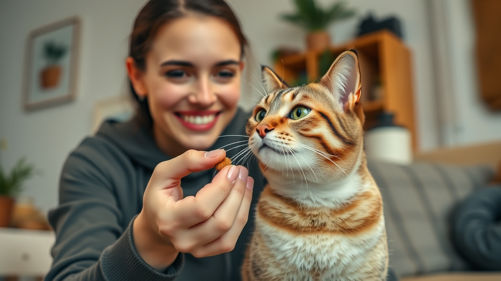 cat trainer rewarding a calm cat to teach when not to meow, stop meowing