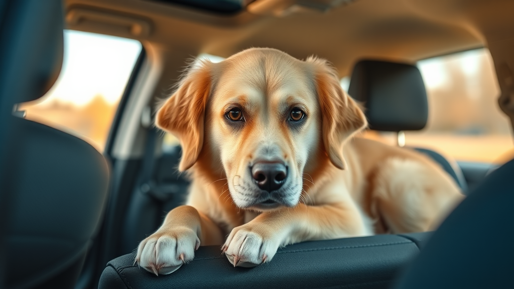 anxious golden retriever in the backseat of a car, worried expression, lying down with head on paws, Photorealistic, calm daylight