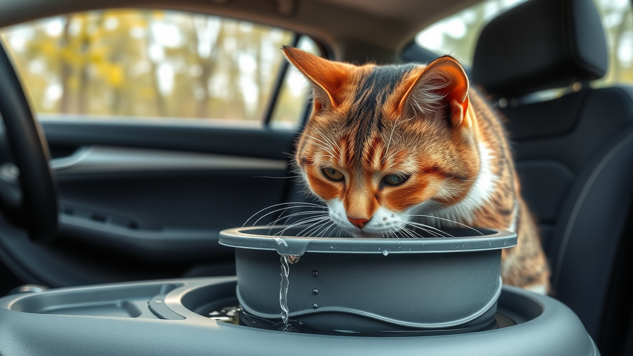 domestic cat drinking water from spill-proof travel bowl in car, ventilation and hydration for cat car travel