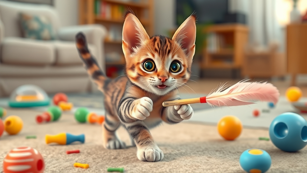playful tabby kitten attention do cats, chasing feather wand toy, animated energetic, toys on floor, vibrant living room
