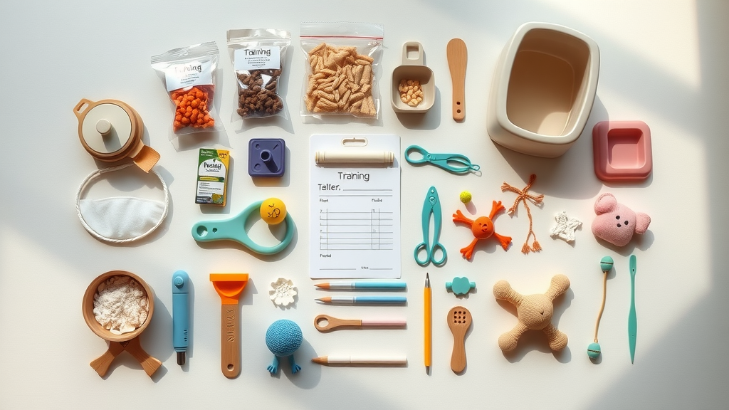 Cat training supplies for adult cats laid out neatly - clicker, toys, treats, litter box accessories