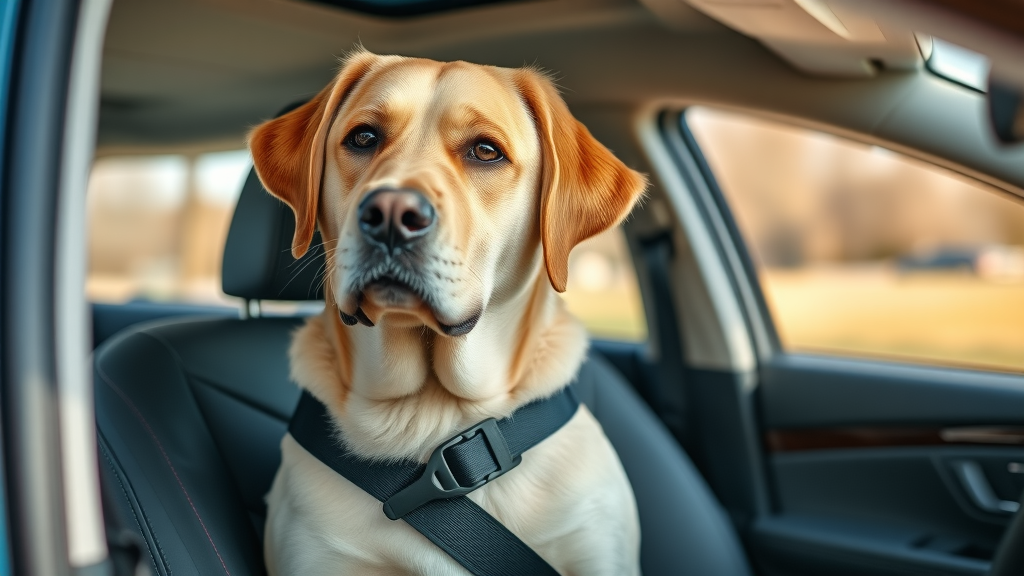 calm Labrador in a secure harness seatbelt sitting comfortably in a car, content expression, looking out the window, Photorealistic