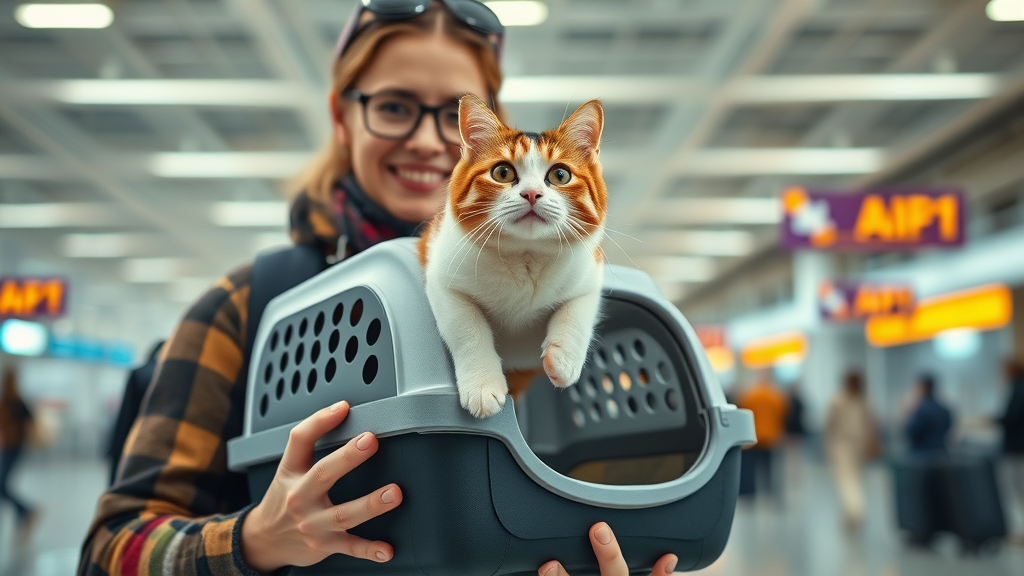 cat owner holding a Sleepypod Air carrier at an airport, happy cat peeking out. Sleepypod Air cat carrier for air travel