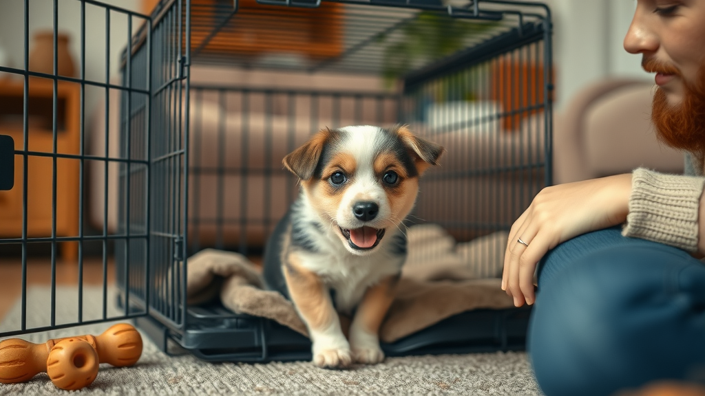 small puppy entering crate with excitement, crate training as core part of early dog training