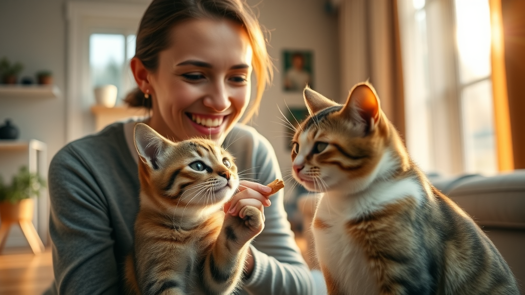 Happy pet owner rewarding attentive cat with treat after command, cats learn, how do i teach my cat to come when called