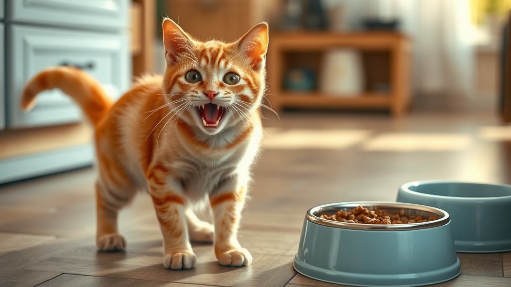 cat meowing by food bowl, hungry cat meowing, food and water