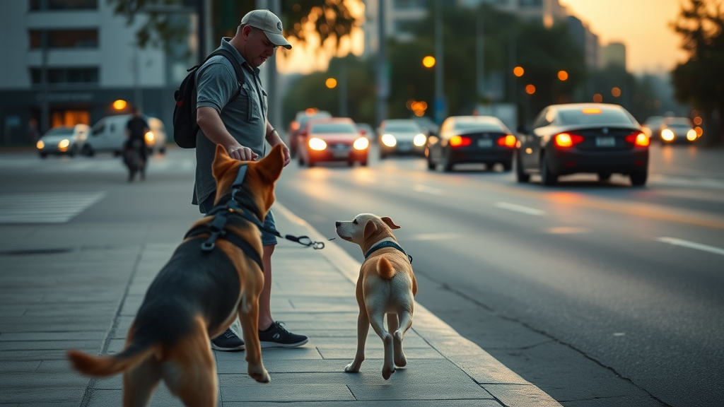 concerned dog owner calling their dog away from a busy road with visible traffic and street details