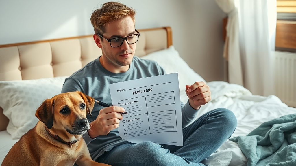 Thoughtful adult pet owner evaluating a pros and cons checklist with their calm dog. Main keyword: sharing a bed