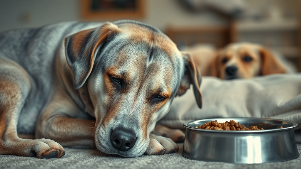 underlying illness dog not eating - senior dog resting near uneaten food bowl