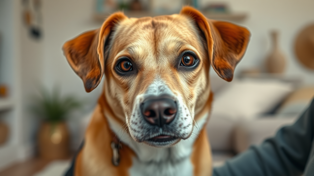 Close-up of a dog making gentle eye contact with a human, direct eye contact, dog stares, neutral home background, soft lighting