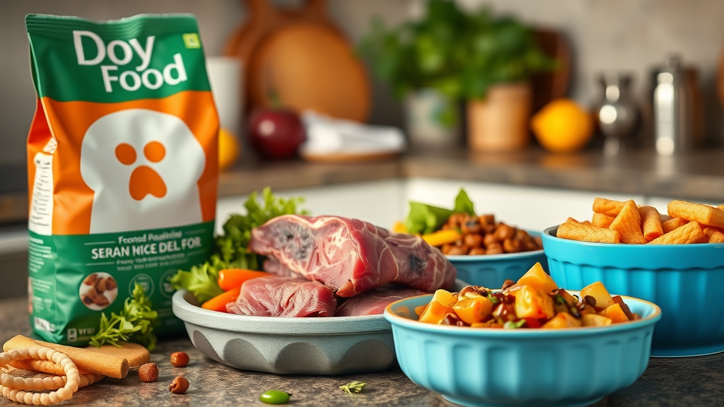 Variety of dog foods—dry, raw, homemade—demonstrating different food types for how much should I feed my dog daily?
