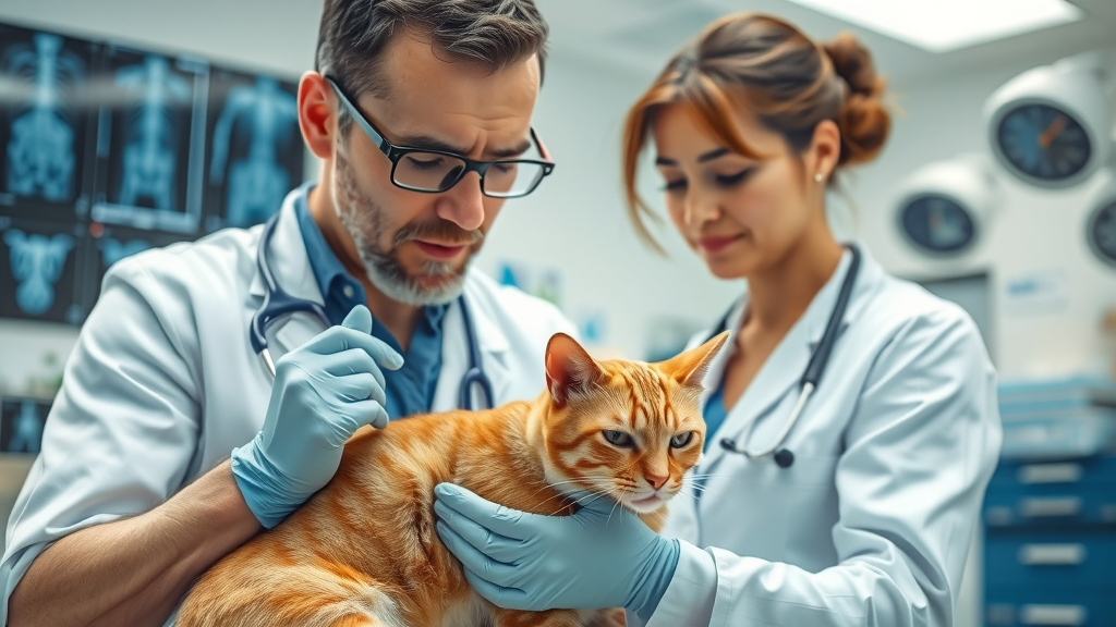 professional veterinarian performing feline wellness exam, ginger cat vet visit, clinical checkup details