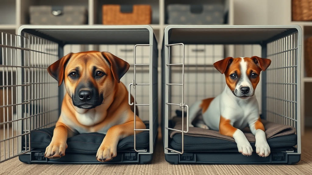 crate training for dogs: adult dog and puppy side by side in own crates, calm and alert, pet room, balanced lighting, gentle contrasting breeds