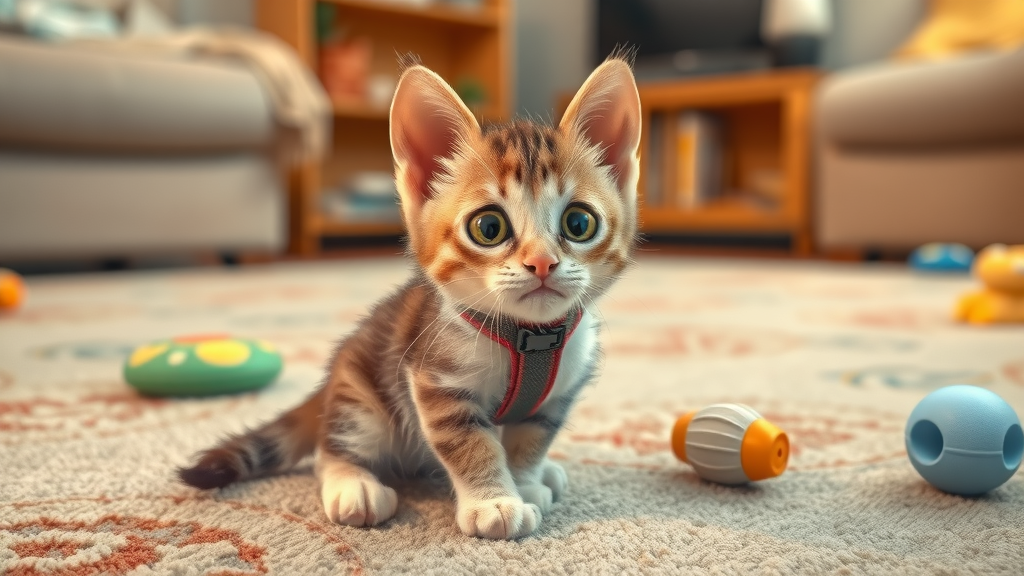 Playful kitten investigating new harness on living room floor, cartoon style, first harness and leash training experience