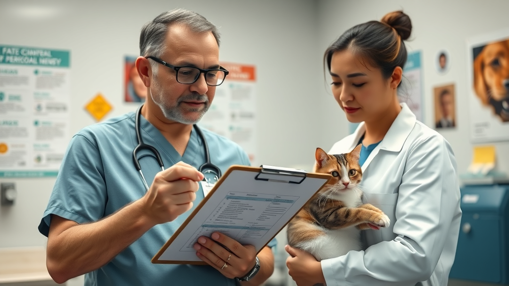 vet explaining what vaccinations do cats need with a healthy cat in a modern veterinary clinic