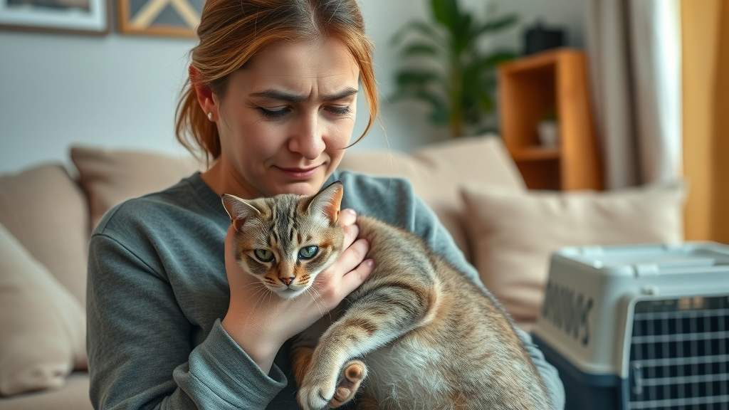 Worried cat owner and sick cat, signs your feline friend needs an emergency vet visit