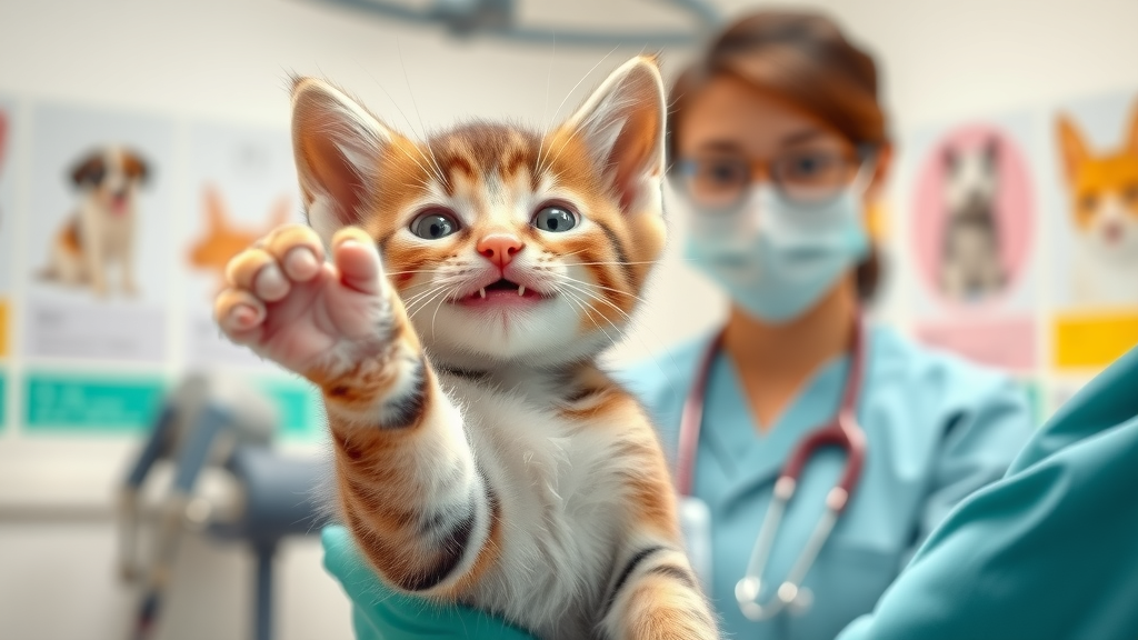 Playful kitten receiving veterinary care, how often should kittens see a vet?