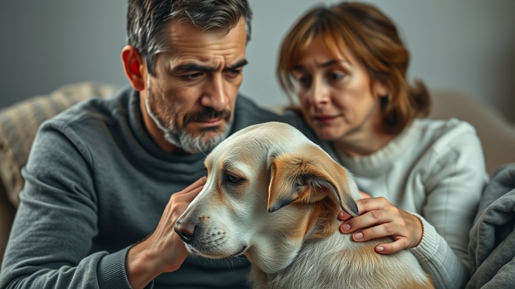 Worried owner comforting an elderly dog with pronounced head tilt. head tilt in dogs emergency