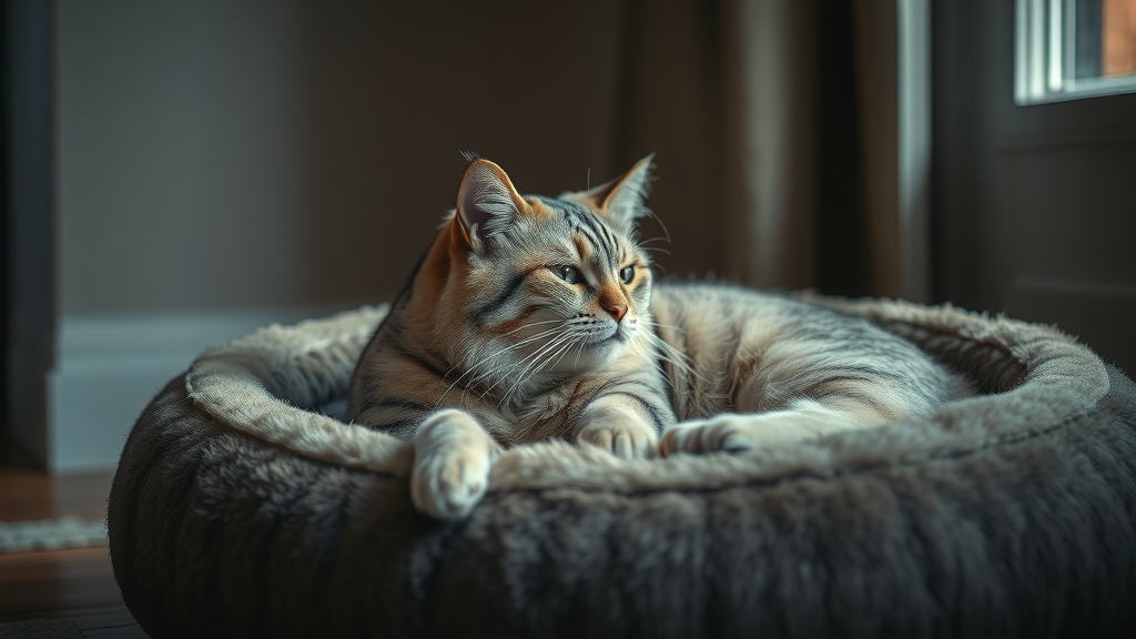 gentle senior cat attention do cats, resting on plush cat bed, cozy muted room, soft lighting