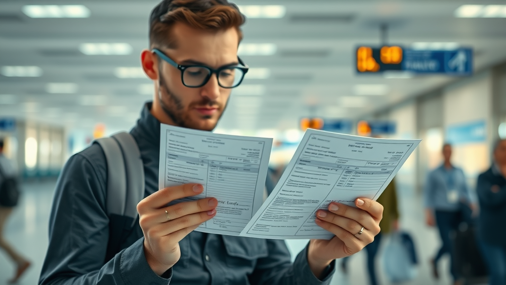 organized traveler comparing domestic and international pet health certificates at airport terminal, photorealistic, health certificate comparison