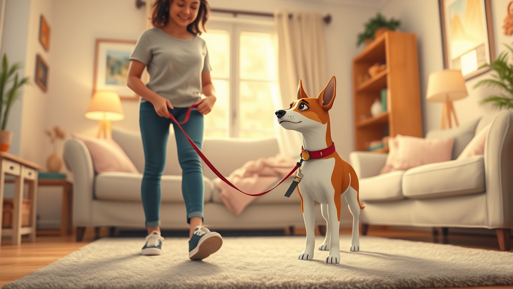 dog and owner practicing leash walking indoors, loose leash, how do i teach my dog to walk on a leash