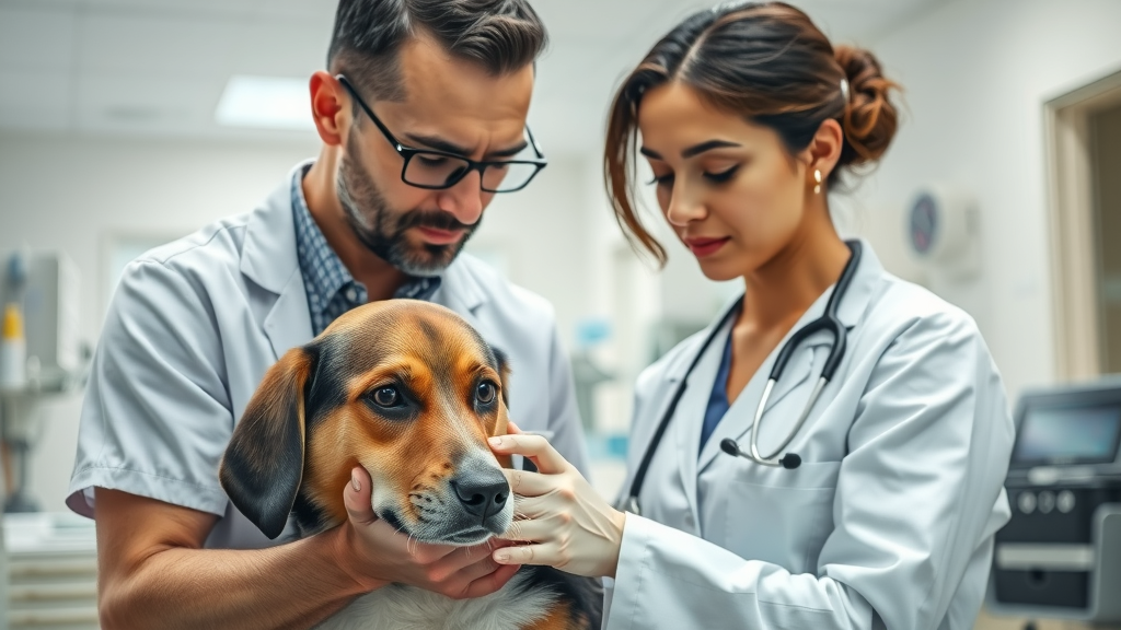 veterinarian examining a concerned dog, health problem, medical check, professional caring expression, veterinary clinic, dog aggression