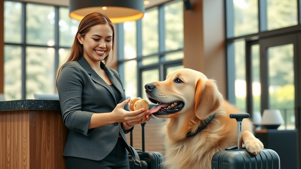 Friendly hotel lobby with hotel receptionist welcoming a golden retriever dog, guest nearby and modern hotel background, dog friendly hotel
