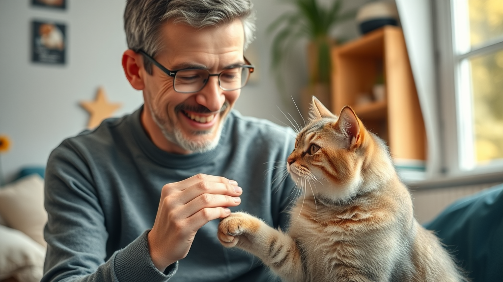Experienced owner training senior cat with treats in a patient home session