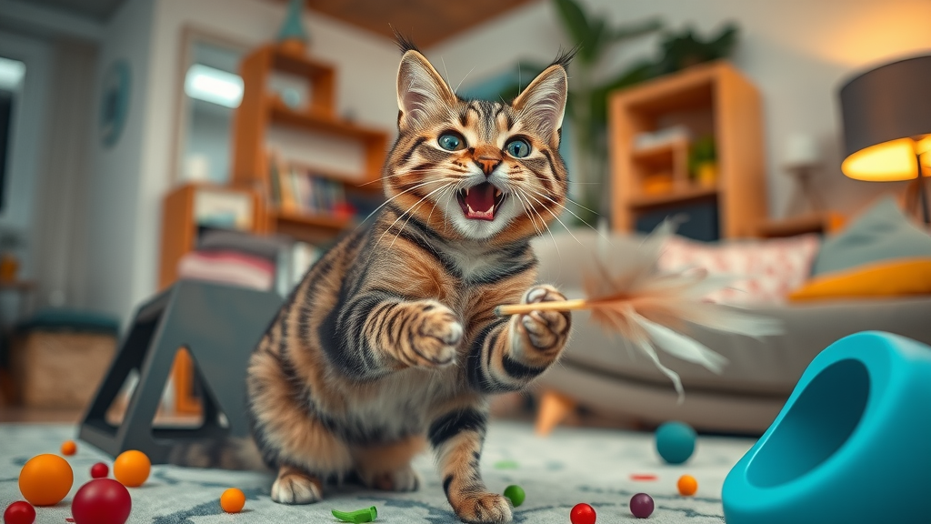 joyful tabby cat playing with feather wand in a compact living room play area