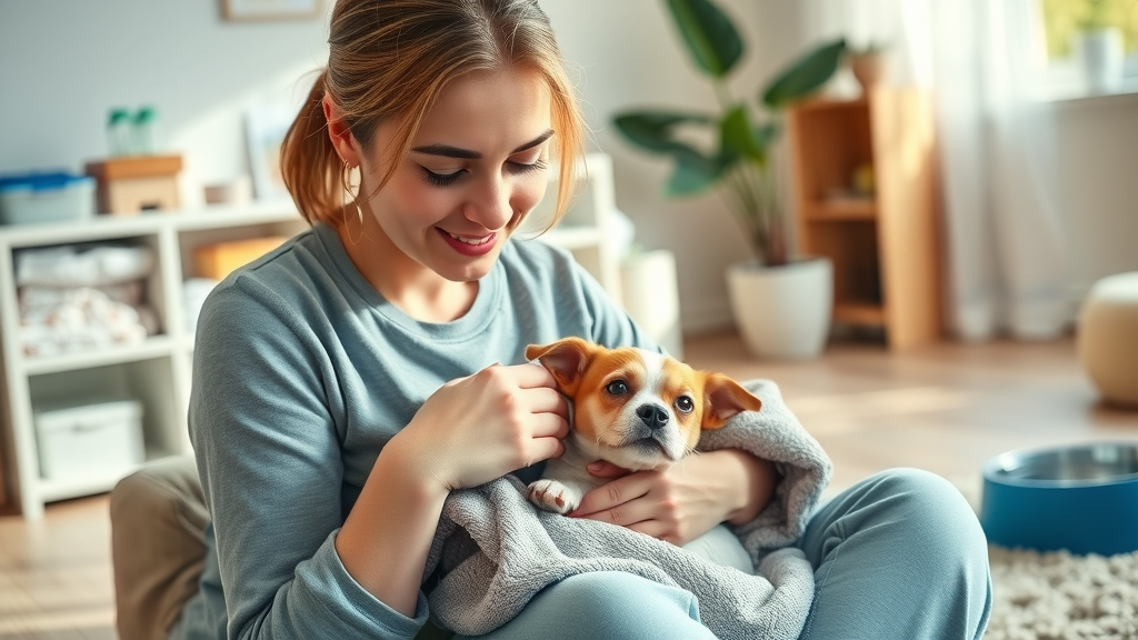 pet owner comforts small vomiting dog with towel, home care for dog vomiting, pet health kit background